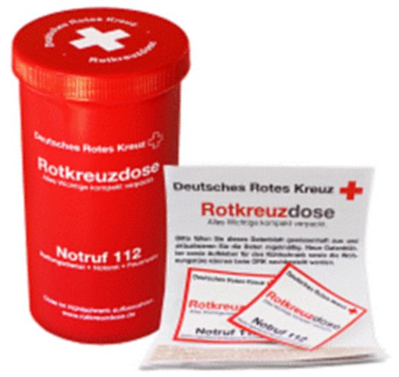 DRK-Rettungsdose mit Informationszettel